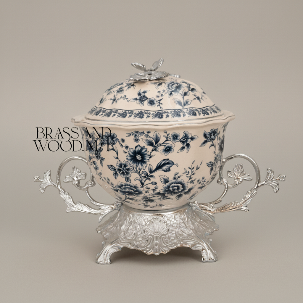 Rococo Blue Floral Porcelain Lidded Bonbonnière with Gilt Brass Stand — Silver