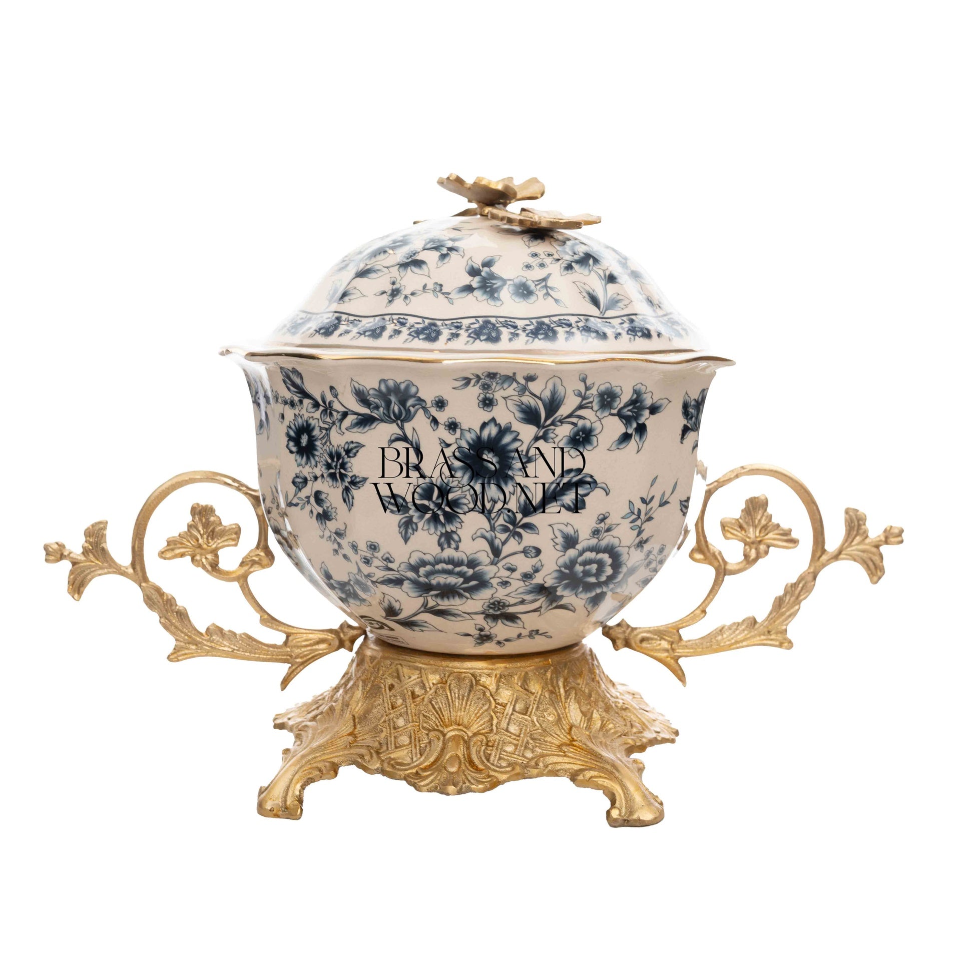 Rococo Blue Floral Porcelain Lidded Bonbonnière with Gilt Brass Stand