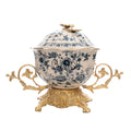 Rococo Blue Floral Porcelain Lidded Bonbonnière with Gilt Brass Stand — Antique Gold