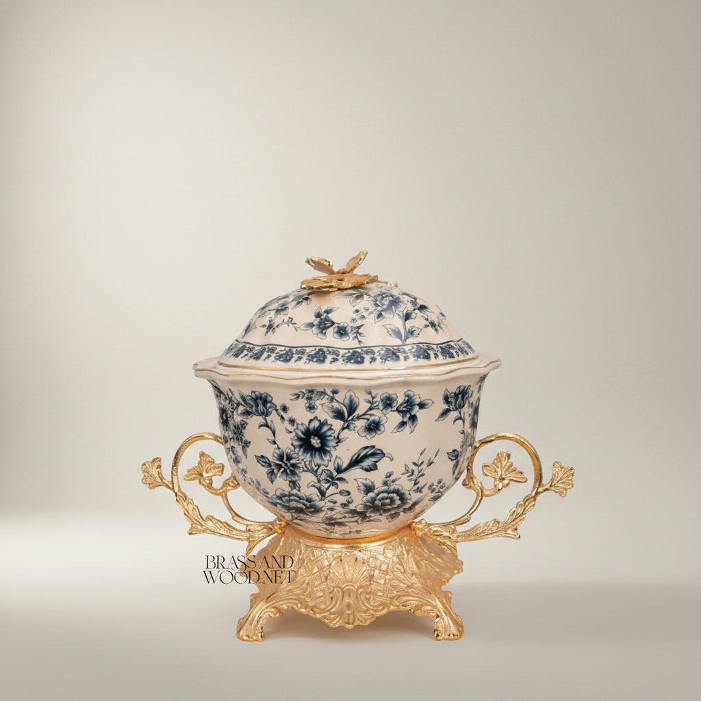 Rococo Blue Floral Porcelain Lidded Bonbonnière with Gilt Brass Stand — Gold