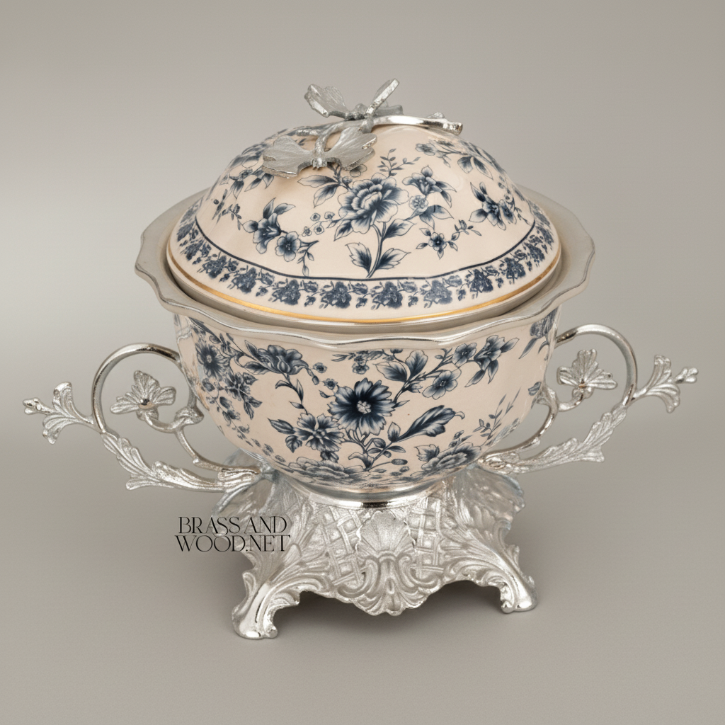 Rococo Blue Floral Porcelain Lidded Bonbonnière with Gilt Brass Stand — Silver