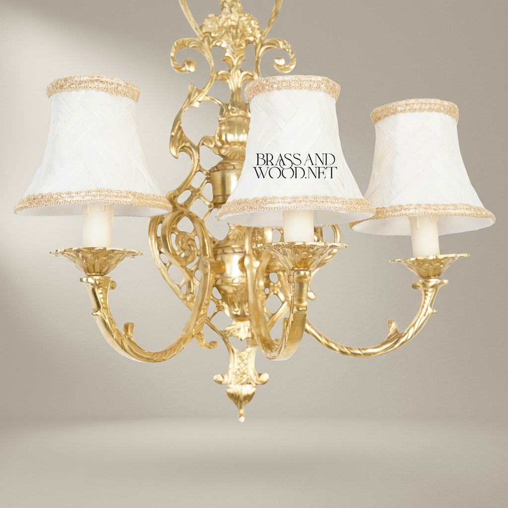 Rococo Brass 3-Arm Wall Sconce with Acanthus Scrollwork & Ivory Fabric Shades — Antique Gold