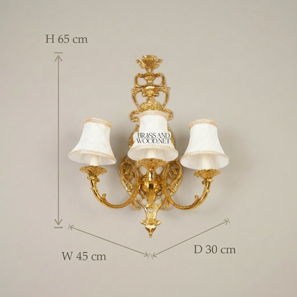 Rococo Brass 3-Arm Wall Sconce with Acanthus Scrollwork & Ivory Fabric Shades — Gold