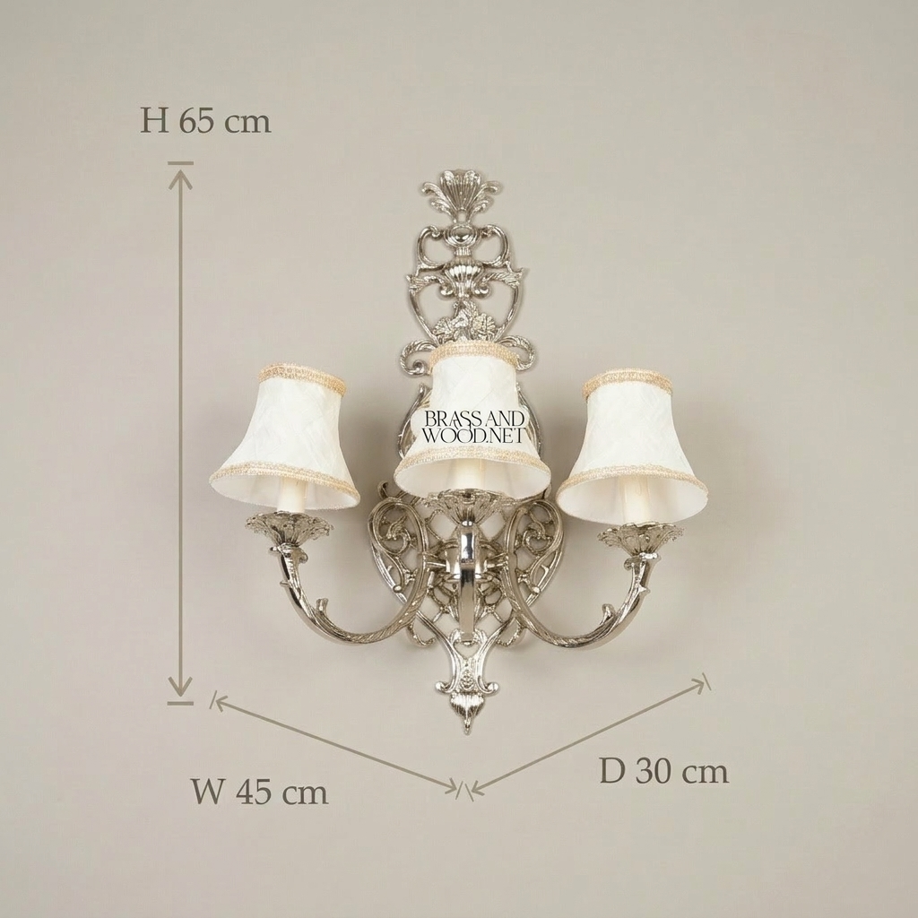 Rococo Brass 3-Arm Wall Sconce with Acanthus Scrollwork & Ivory Fabric Shades — Silver