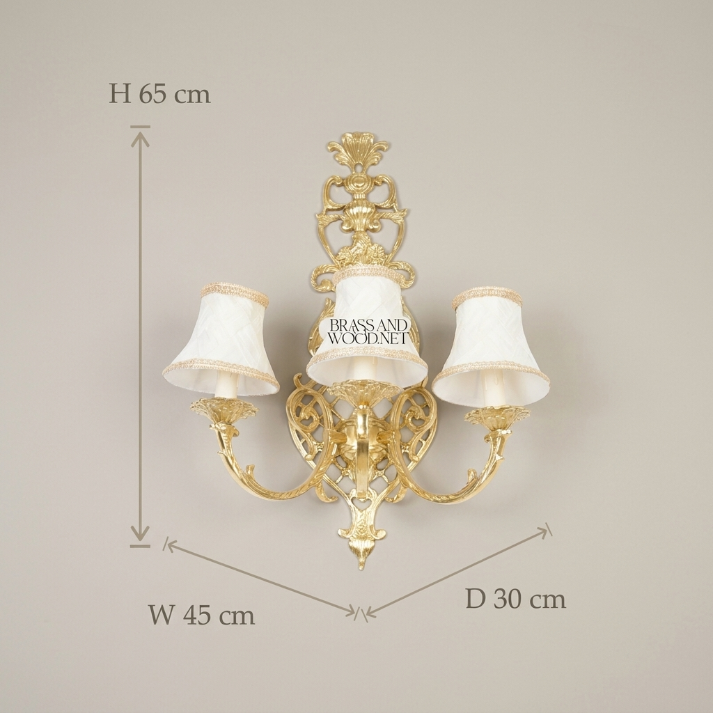 Rococo Brass 3-Arm Wall Sconce with Acanthus Scrollwork & Ivory Fabric Shades — Antique Gold