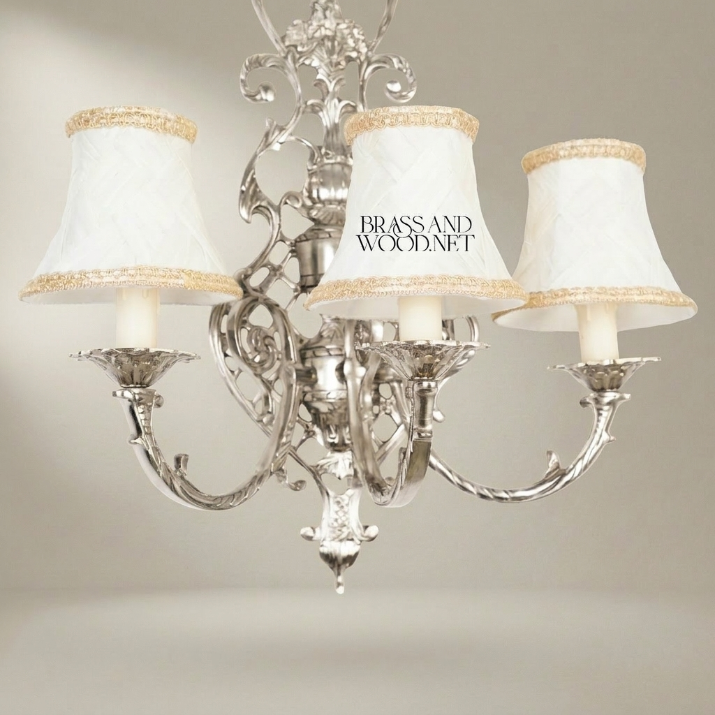 Rococo Brass 3-Arm Wall Sconce with Acanthus Scrollwork & Ivory Fabric Shades — Silver