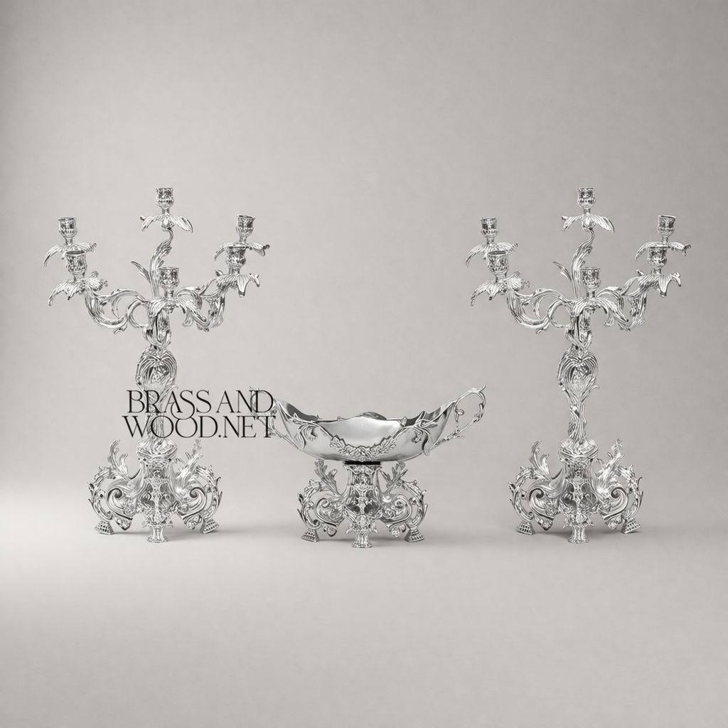 Rococo Brass 3-Piece Candelabra & Centerpiece Bowl Set - Acanthus Scroll Foliage — Silver