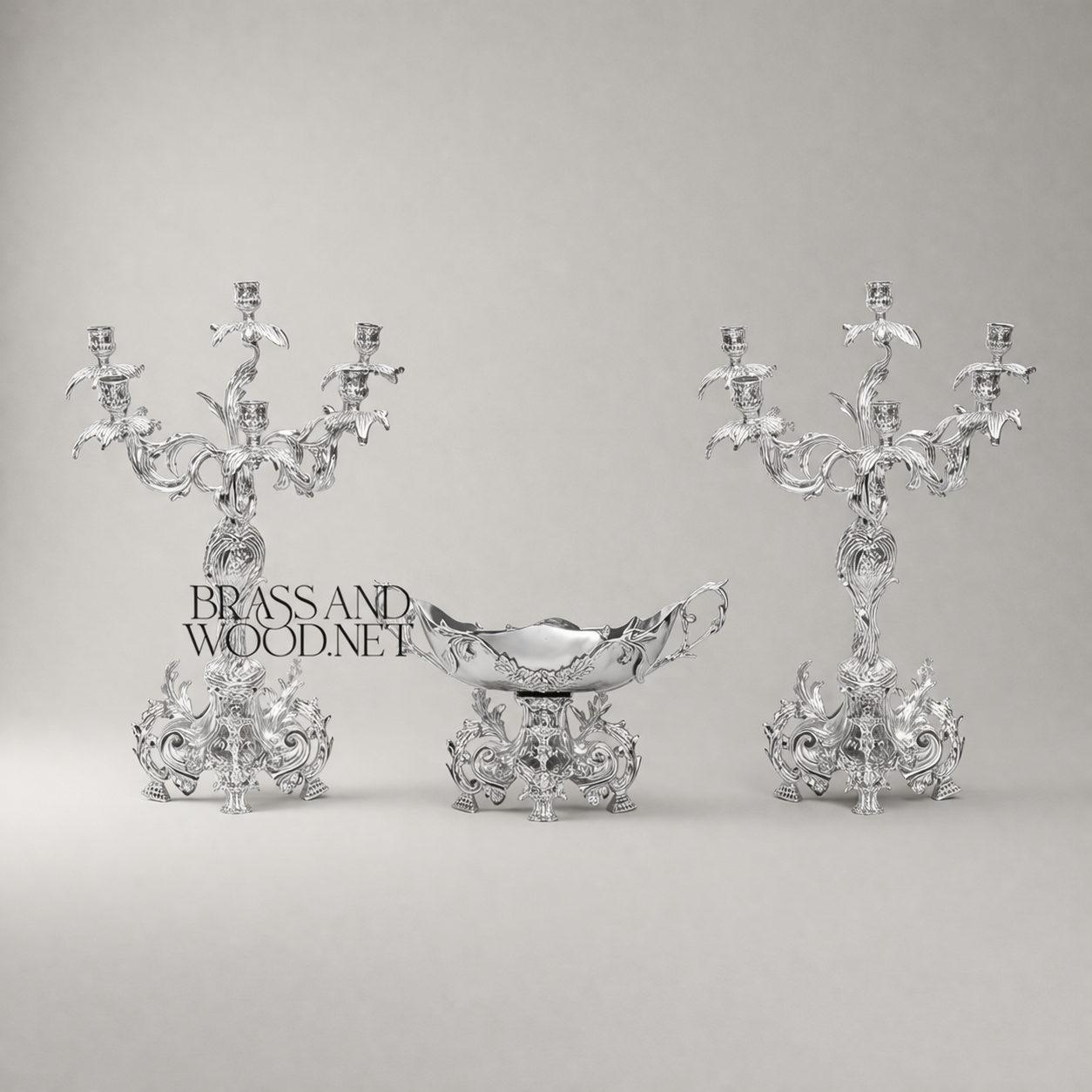 Rococo Brass 3-Piece Candelabra & Centerpiece Bowl Set - Acanthus Scroll Foliage — Silver
