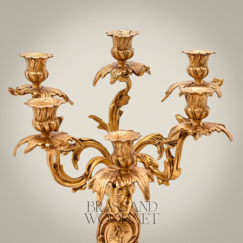 Rococo Brass 3-Piece Candelabra & Centerpiece Bowl Set - Acanthus Scroll Foliage — Antique Gold