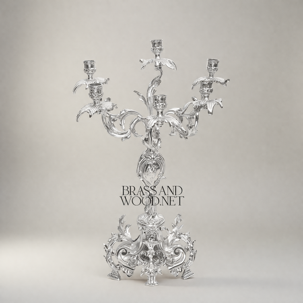 Rococo Brass 3-Piece Candelabra & Centerpiece Bowl Set - Acanthus Scroll Foliage — Silver
