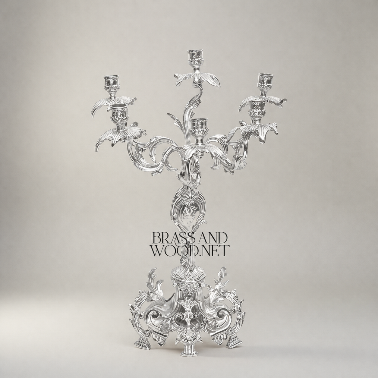 Rococo Brass 3-Piece Candelabra & Centerpiece Bowl Set - Acanthus Scroll Foliage — Silver