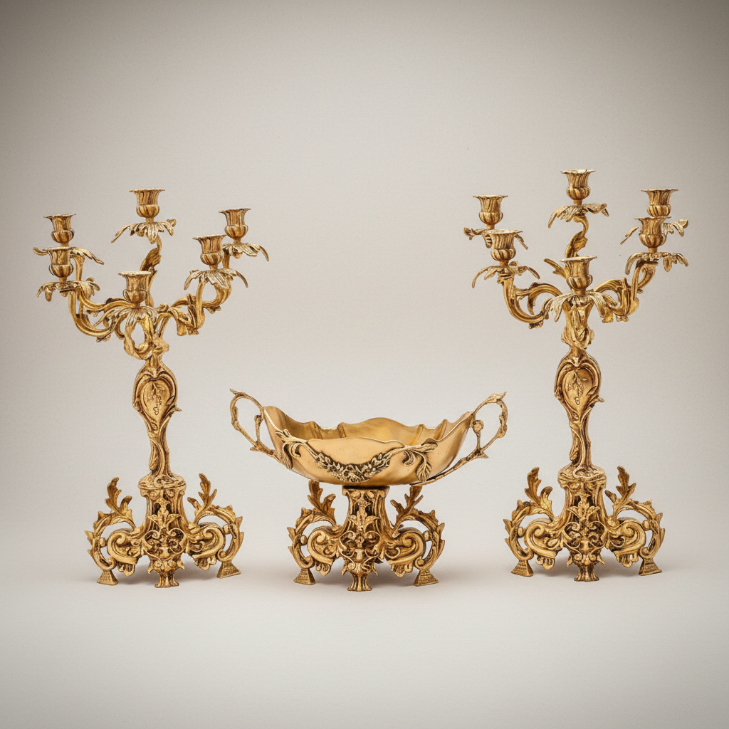 Rococo Brass 3-Piece Candelabra & Centerpiece Bowl Set - Acanthus Scroll Foliage — Antique Gold