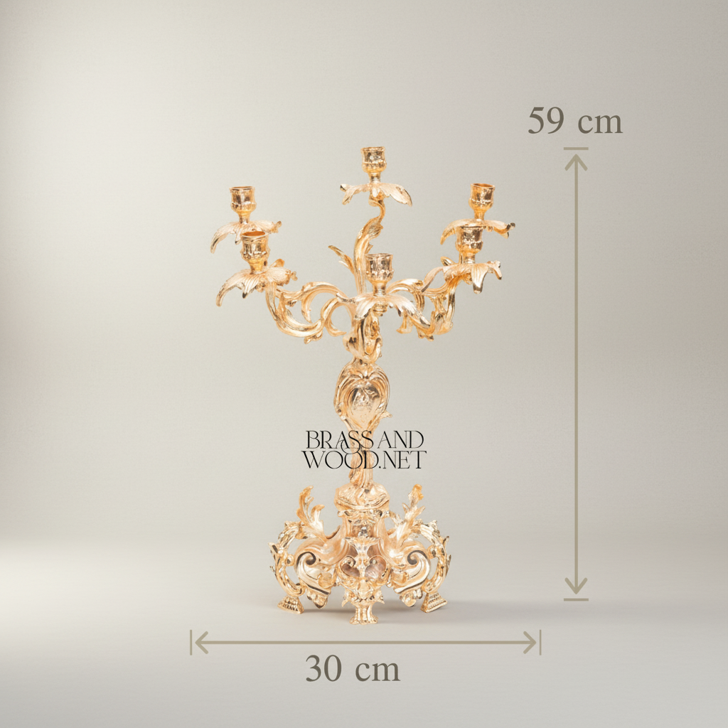 Rococo Brass 3-Piece Candelabra & Centerpiece Bowl Set - Acanthus Scroll Foliage — Gold