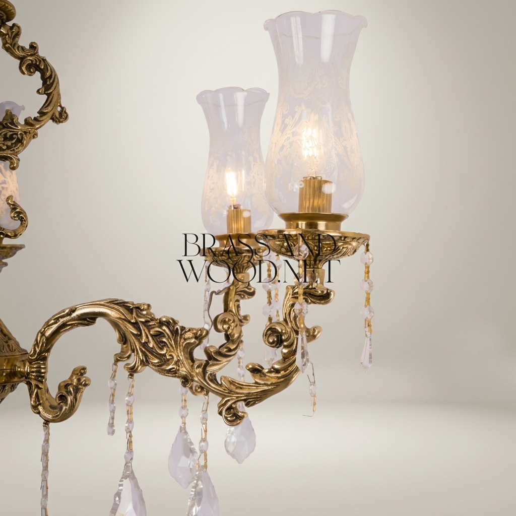 Rococo Brass 5-Arm Chandelier with Hurricane Glass Shades & Crystal Drops — Antique Gold