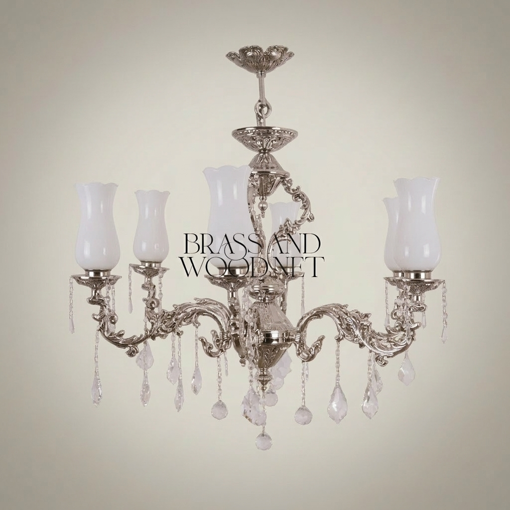 Rococo Brass 5-Arm Chandelier with Hurricane Glass Shades & Crystal Drops — Silver