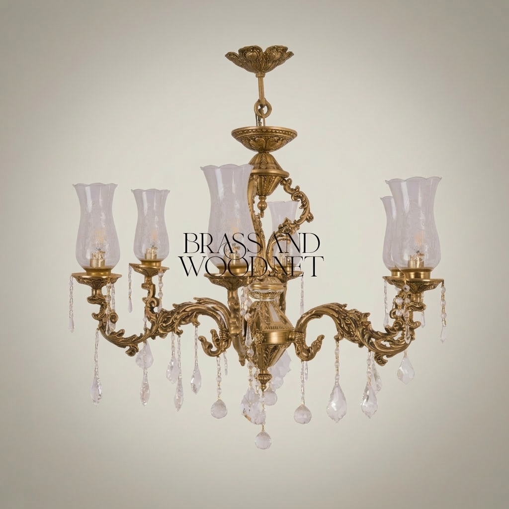 Rococo Brass 5-Arm Chandelier with Hurricane Glass Shades & Crystal Drops — Antique Gold