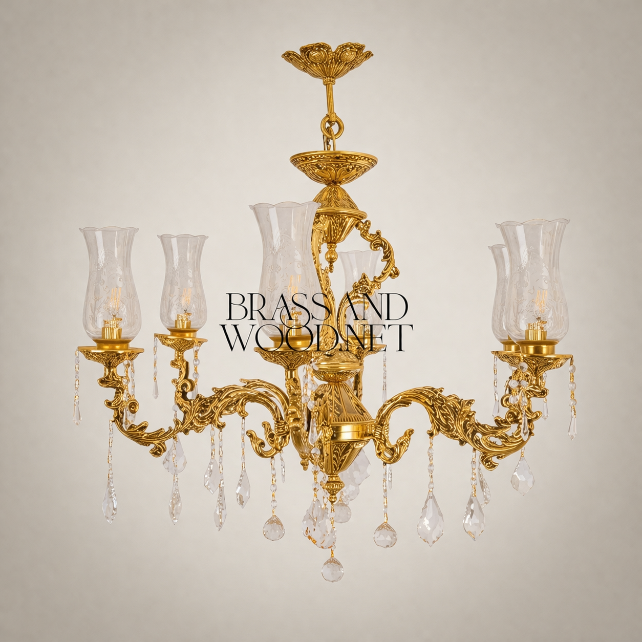 Rococo Brass 5-Arm Chandelier with Hurricane Glass Shades & Crystal Drops — Gold