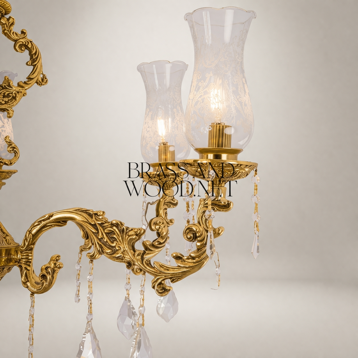 Rococo Brass 5-Arm Chandelier with Hurricane Glass Shades & Crystal Drops — Gold
