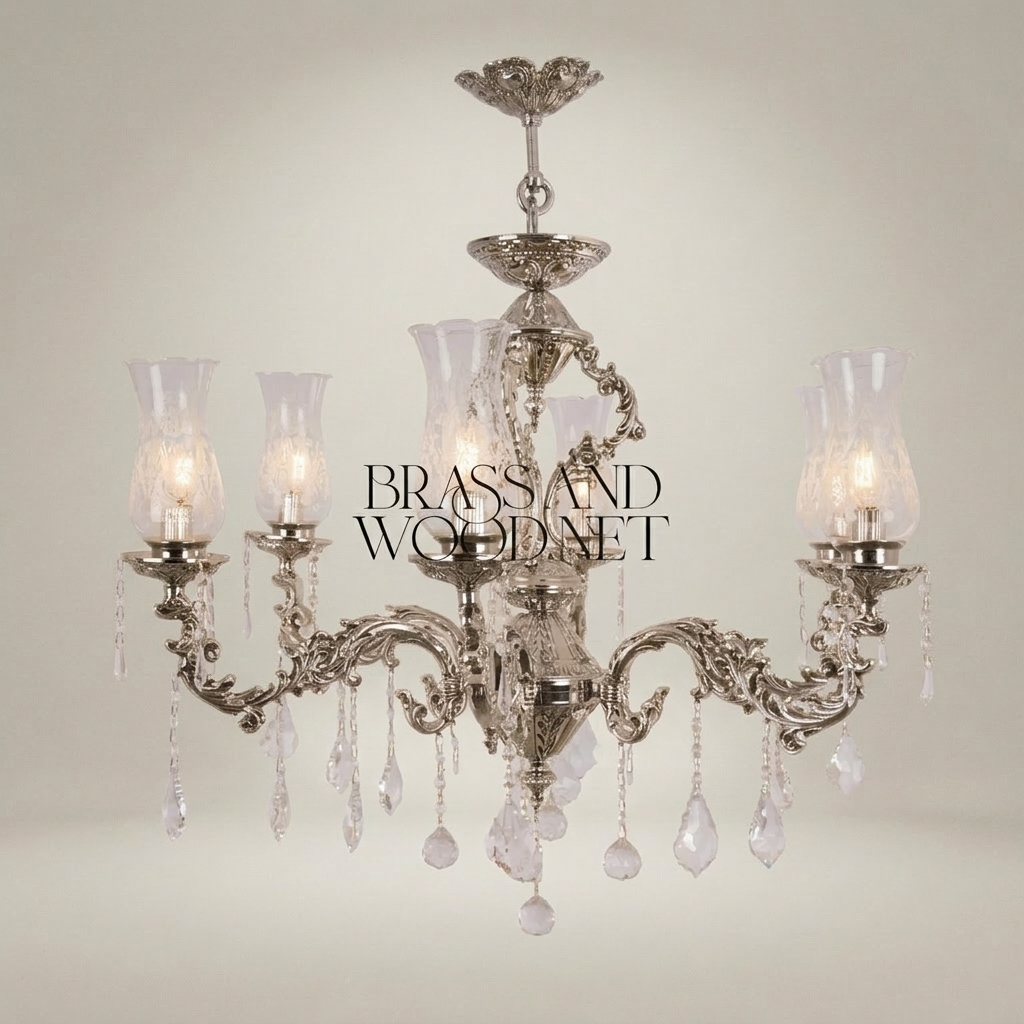 Rococo Brass 5-Arm Chandelier with Hurricane Glass Shades & Crystal Drops — Silver