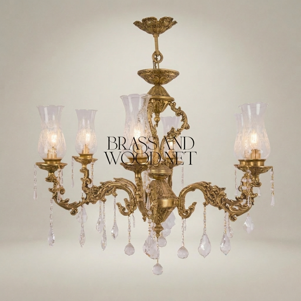 Rococo Brass 5-Arm Chandelier with Hurricane Glass Shades & Crystal Drops — Antique Gold