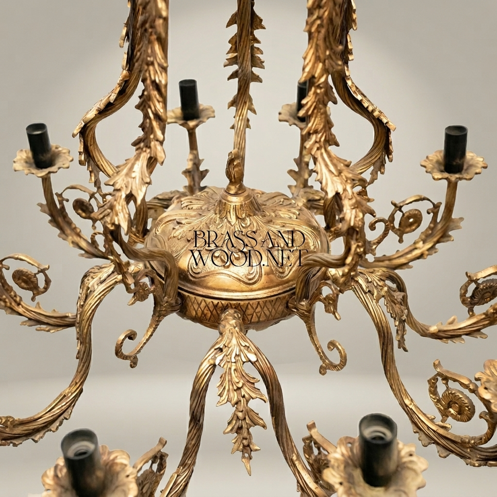 Rococo Brass 8-Arm Chandelier with Acanthus Scrollwork & Candelabra Arms — Antique Gold