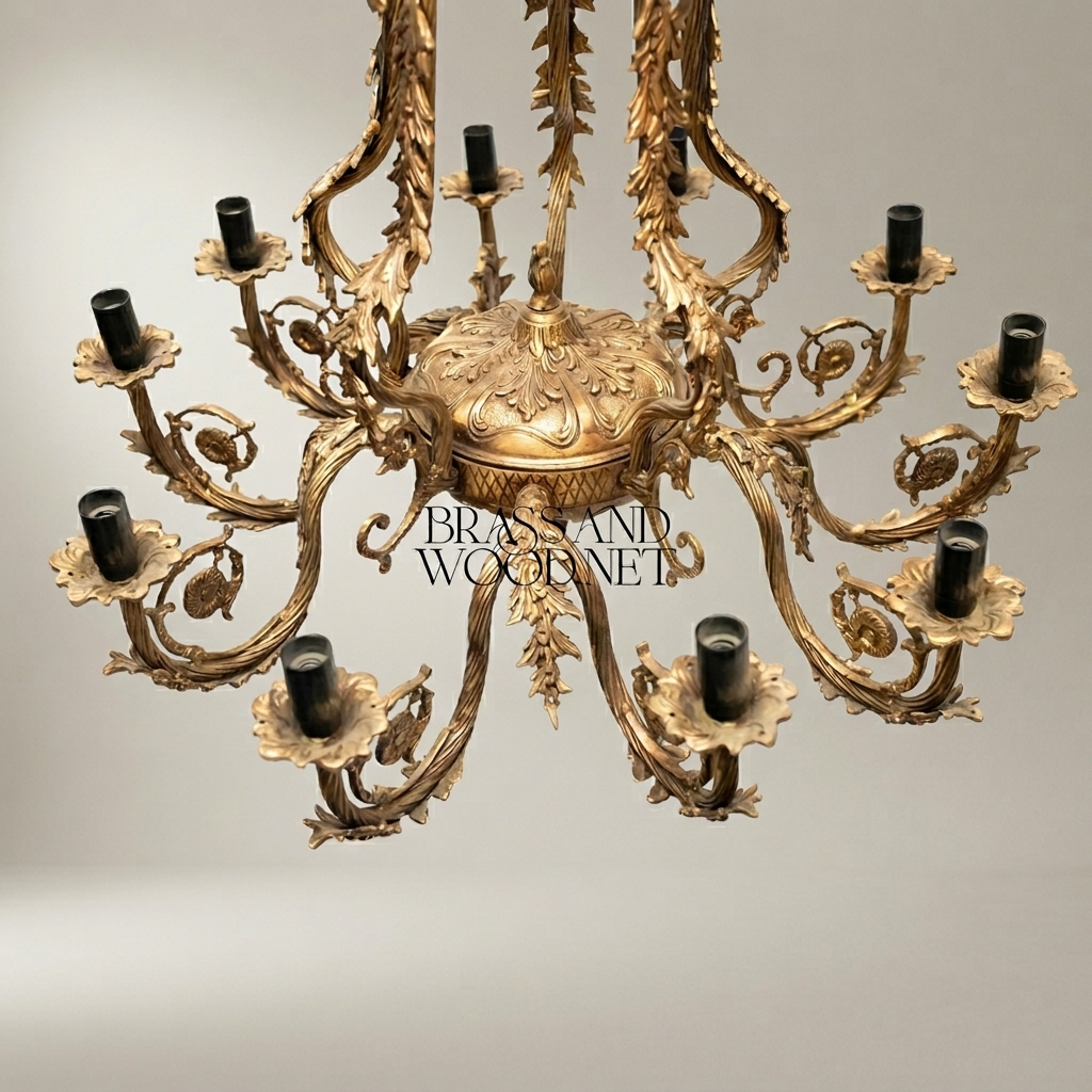 Rococo Brass 8-Arm Chandelier with Acanthus Scrollwork & Candelabra Arms — Antique Gold