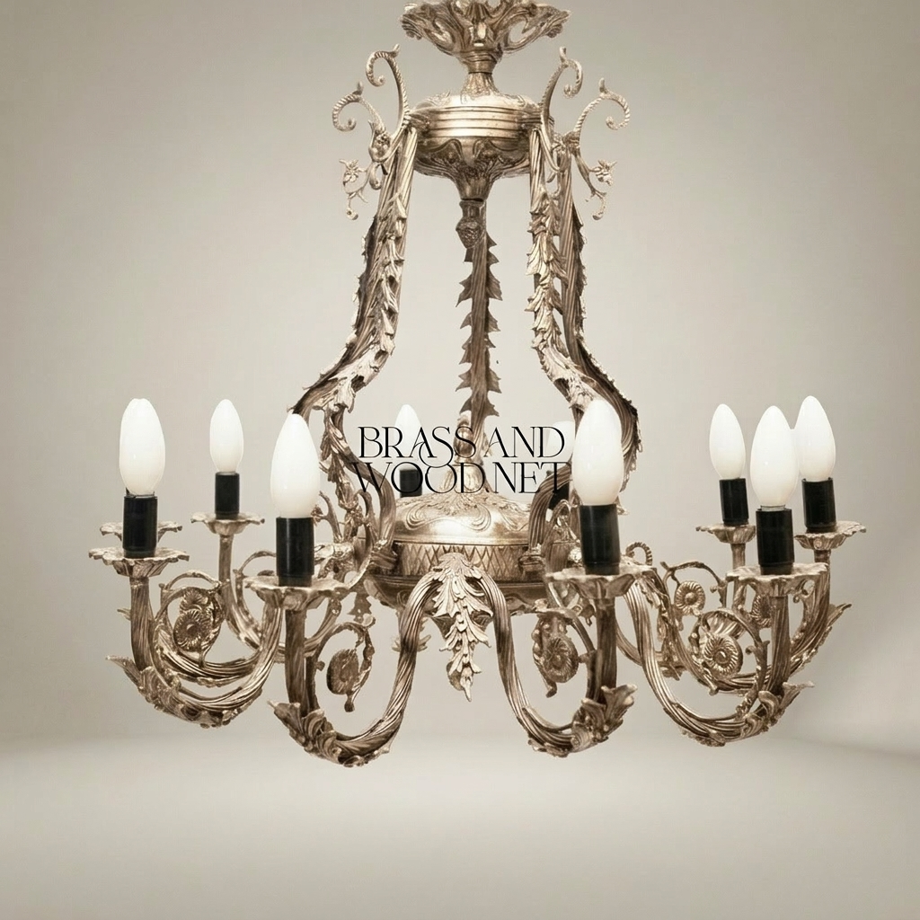 Rococo Brass 8-Arm Chandelier with Acanthus Scrollwork & Candelabra Arms — Silver