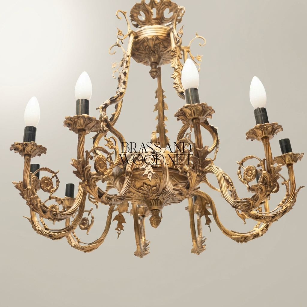 Rococo Brass 8-Arm Chandelier with Acanthus Scrollwork & Candelabra Arms — Antique Gold