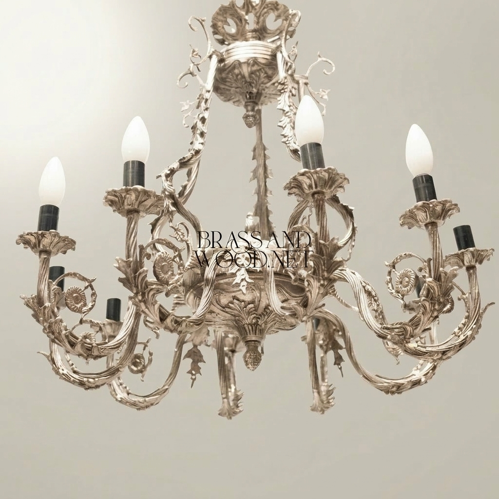 Rococo Brass 8-Arm Chandelier with Acanthus Scrollwork & Candelabra Arms — Silver