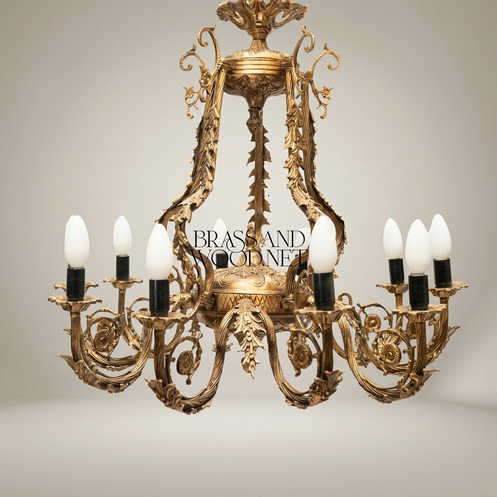 Rococo Brass 8-Arm Chandelier with Acanthus Scrollwork & Candelabra Arms — Antique Gold