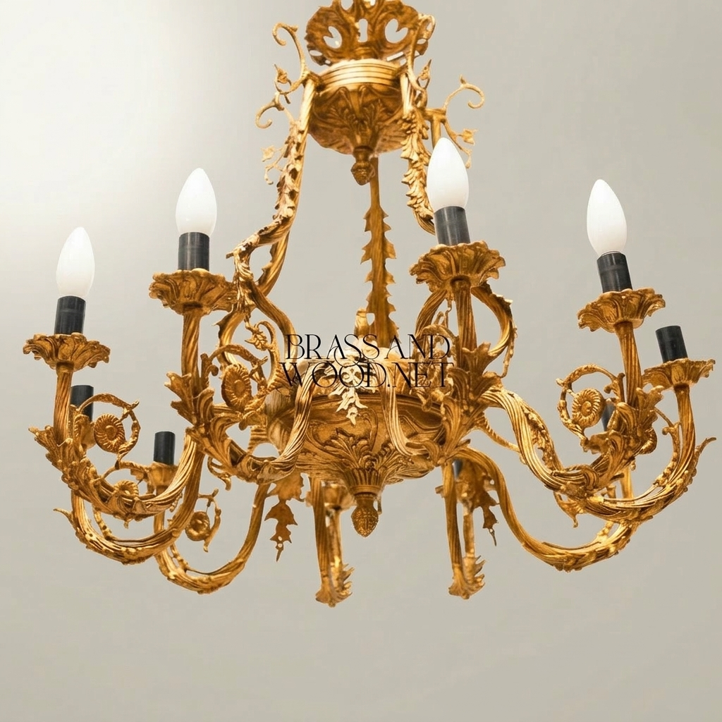 Rococo Brass 8-Arm Chandelier with Acanthus Scrollwork & Candelabra Arms