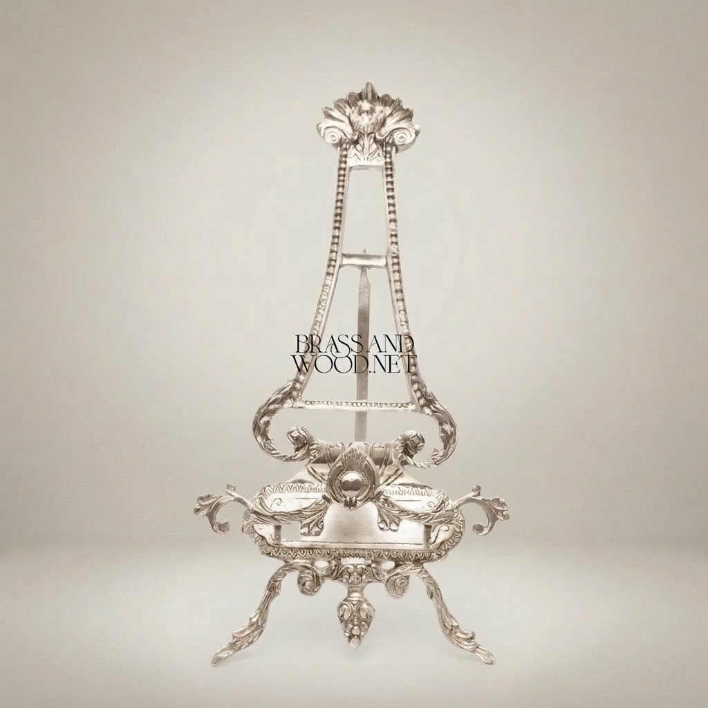 Rococo Brass Art Easel Stand with Acanthus Crown & Scroll Base — Silver