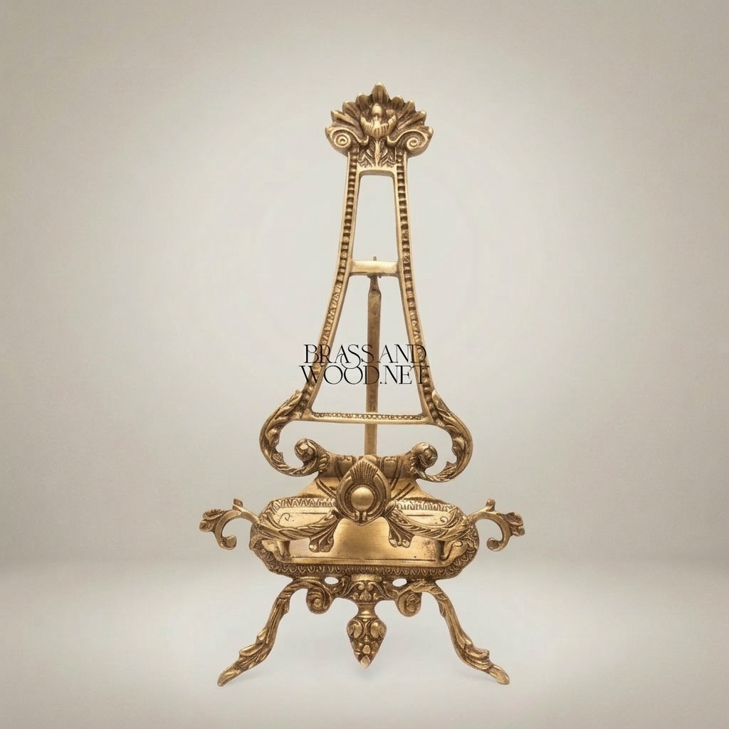 Rococo Brass Art Easel Stand with Acanthus Crown & Scroll Base — Antique Gold