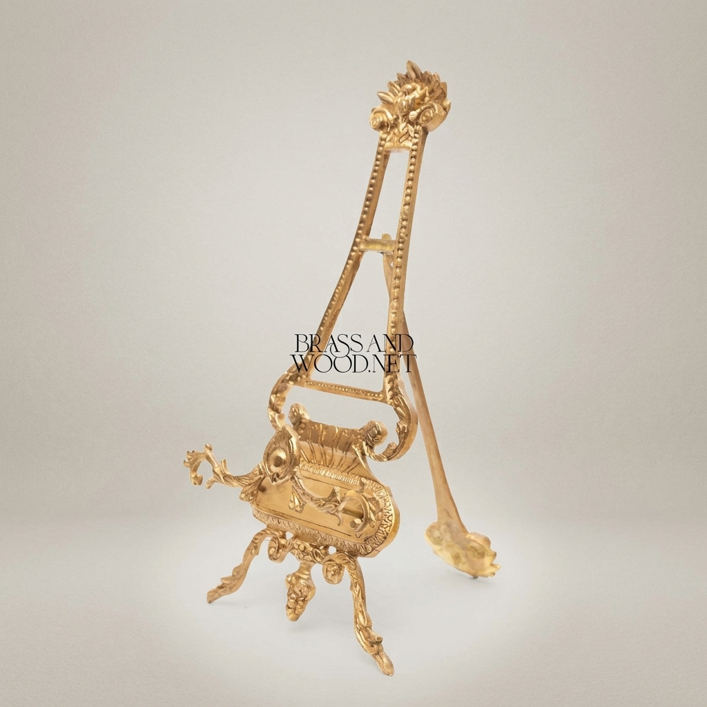 Rococo Brass Art Easel Stand with Acanthus Crown & Scroll Base — Gold