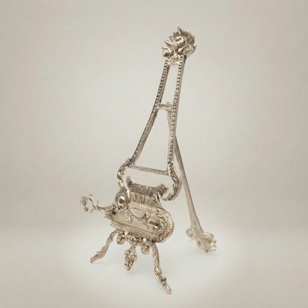 Rococo Brass Art Easel Stand with Acanthus Crown & Scroll Base — Silver