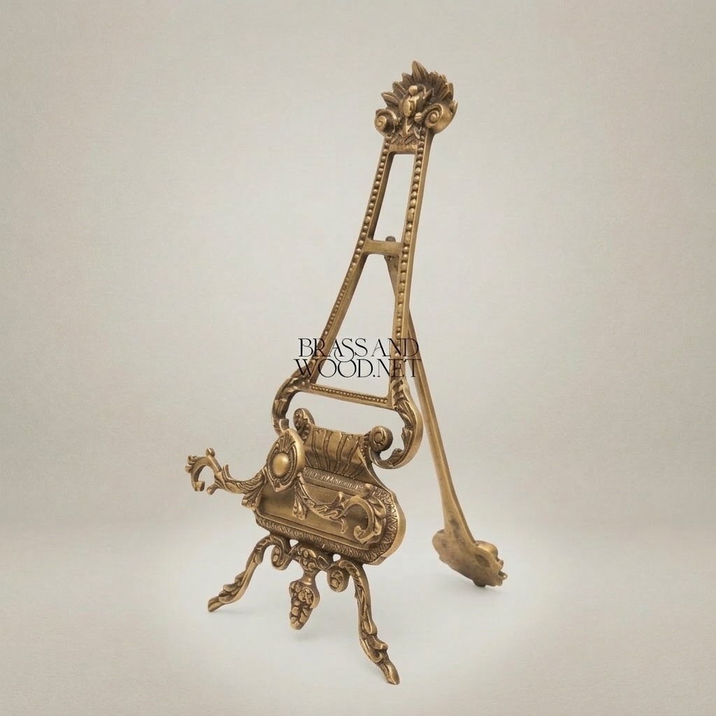 Rococo Brass Art Easel Stand with Acanthus Crown & Scroll Base — Antique Gold