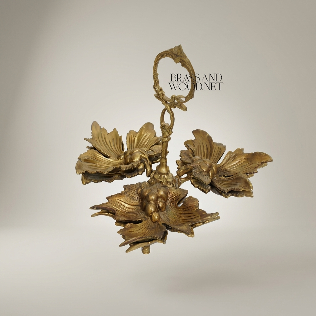 Rococo Brass Ashtray with Triple Floral Leaf Basin & Scroll Ring Handle — Antique Gold