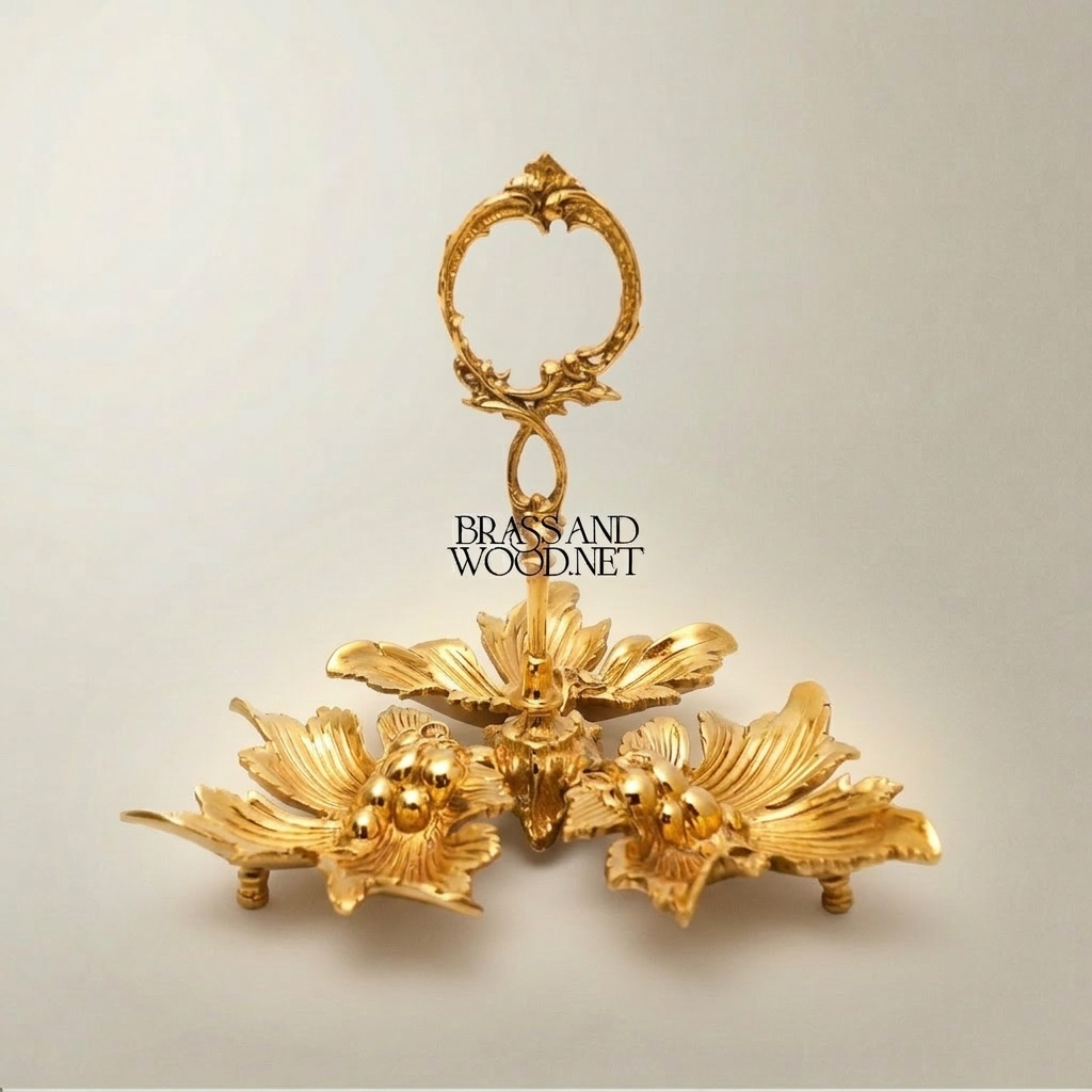 Rococo Brass Ashtray with Triple Floral Leaf Basin & Scroll Ring Handle — Gold