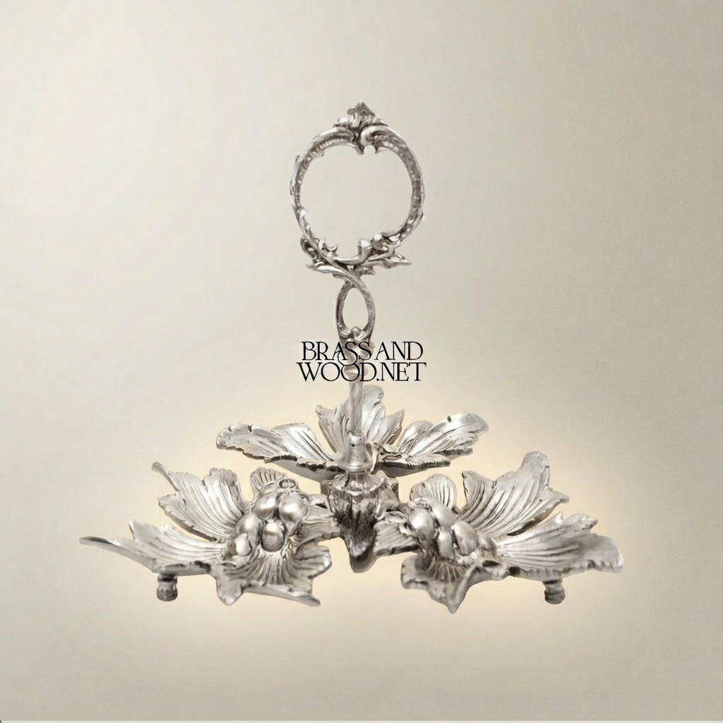Rococo Brass Ashtray with Triple Floral Leaf Basin & Scroll Ring Handle — Silver