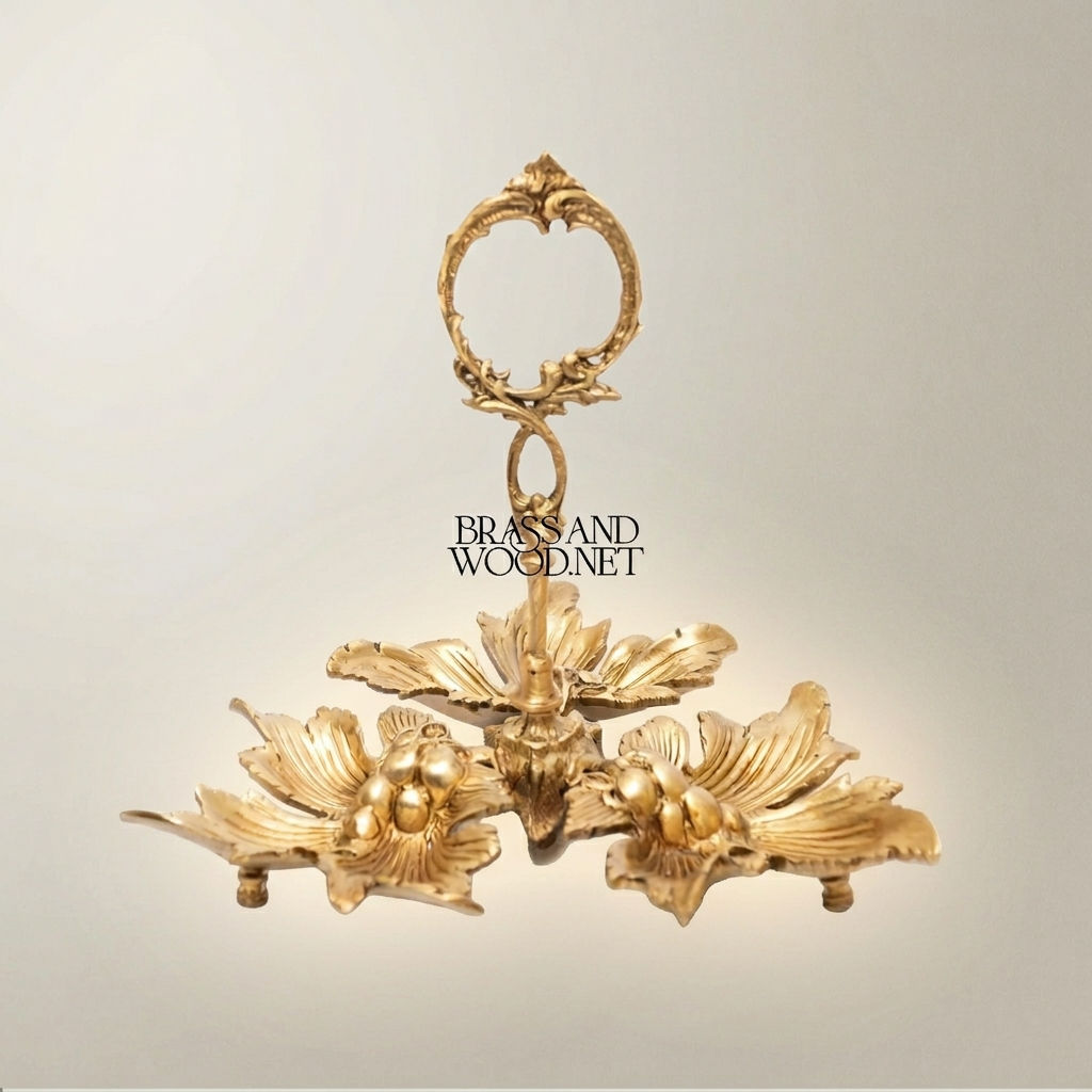 Rococo Brass Ashtray with Triple Floral Leaf Basin & Scroll Ring Handle — Antique Gold