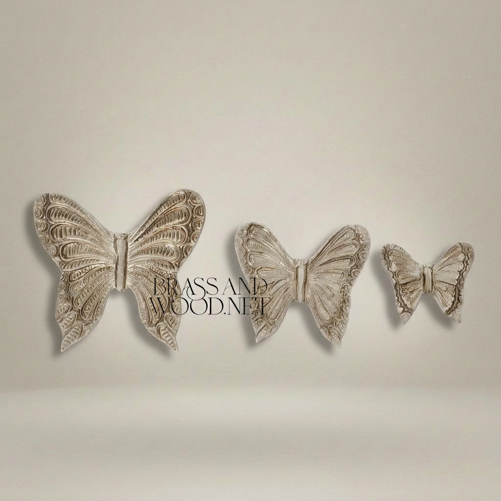 Rococo Brass Butterfly Wall Hanging  - Intricately Engraved Wing Relief — Silver