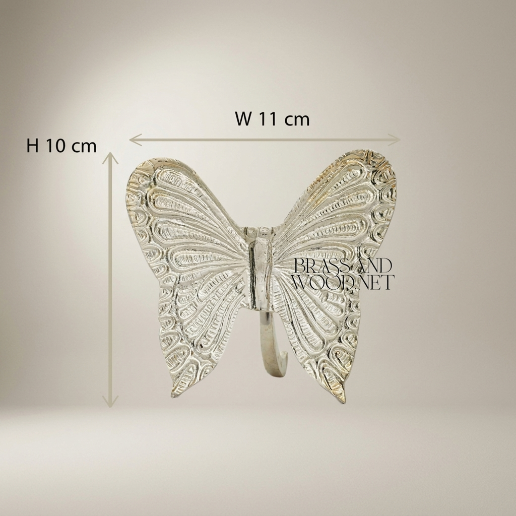 Rococo Brass Butterfly Wall Hook - Engraved Wing Detail — Silver