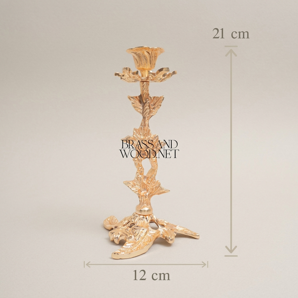Rococo Brass Candlestick Holder - Botanical Leaf & Flower Single Arm — Gold
