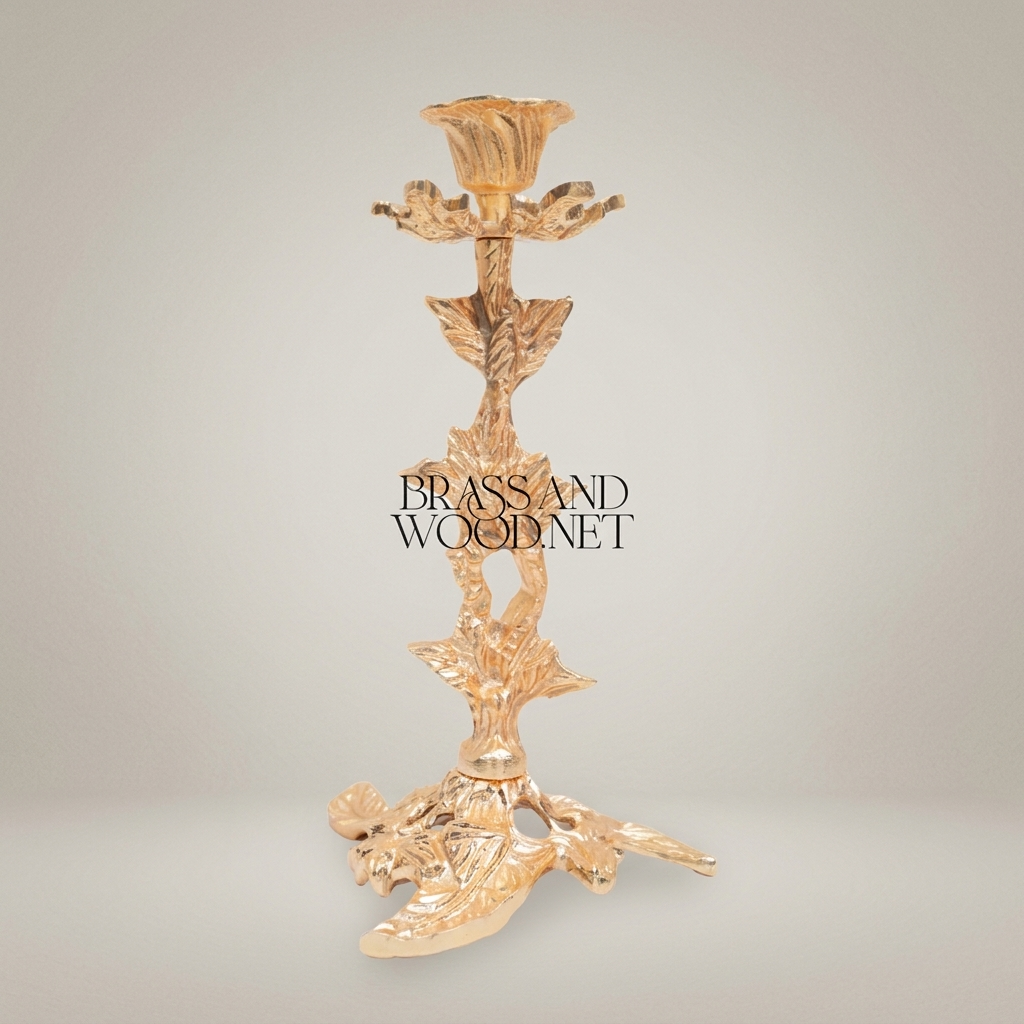Rococo Brass Candlestick Holder - Botanical Leaf & Flower Single Arm
