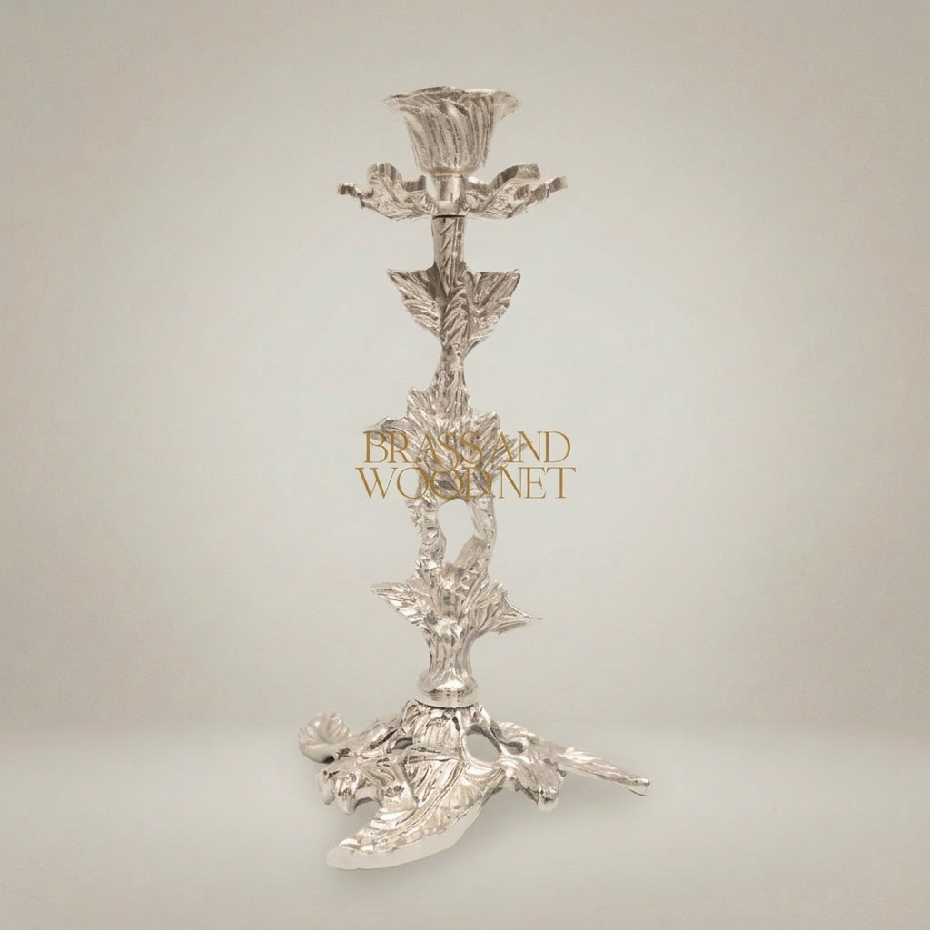 Rococo Brass Candlestick Holder - Botanical Leaf & Flower Single Arm — Silver