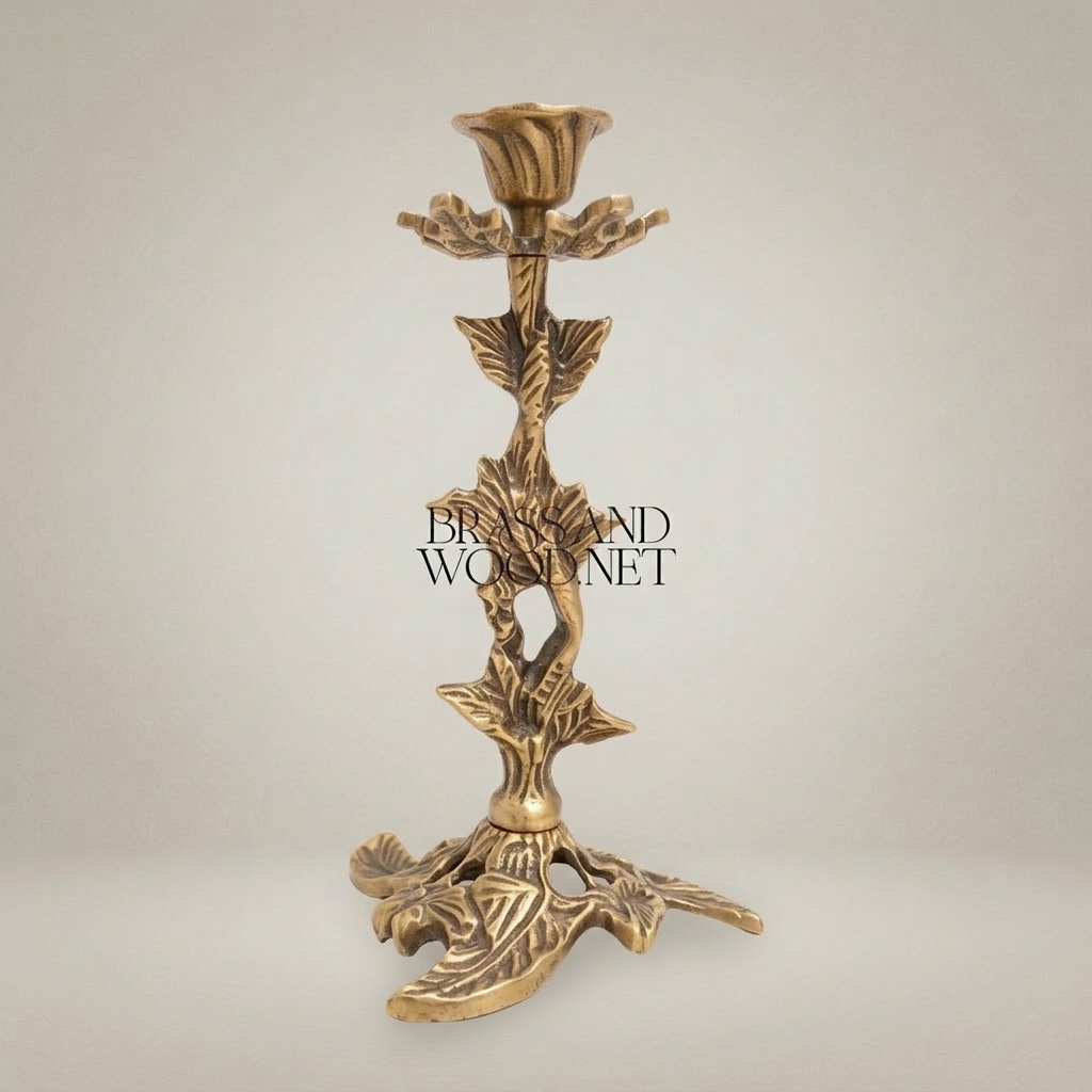 Rococo Brass Candlestick Holder - Botanical Leaf & Flower Single Arm — Antique Gold