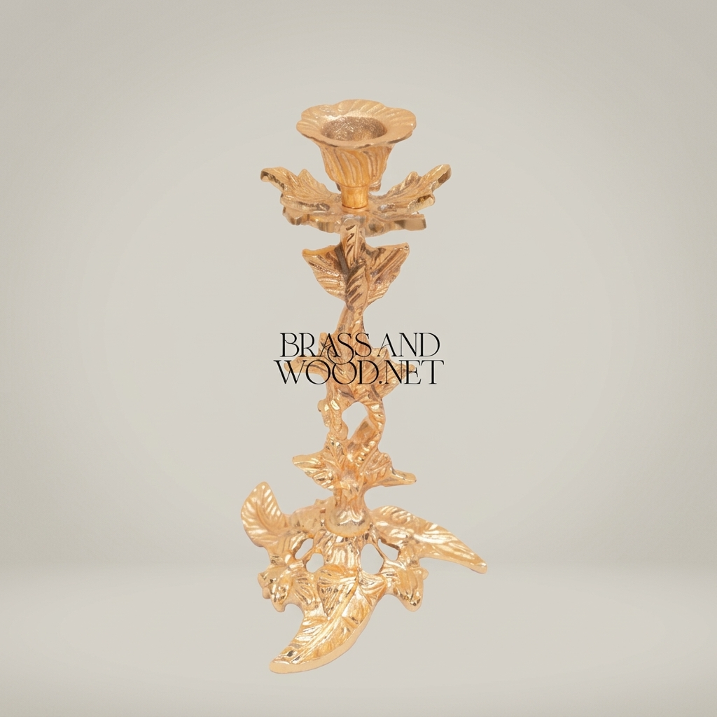 Rococo Brass Candlestick Holder - Botanical Leaf & Flower Single Arm — Gold