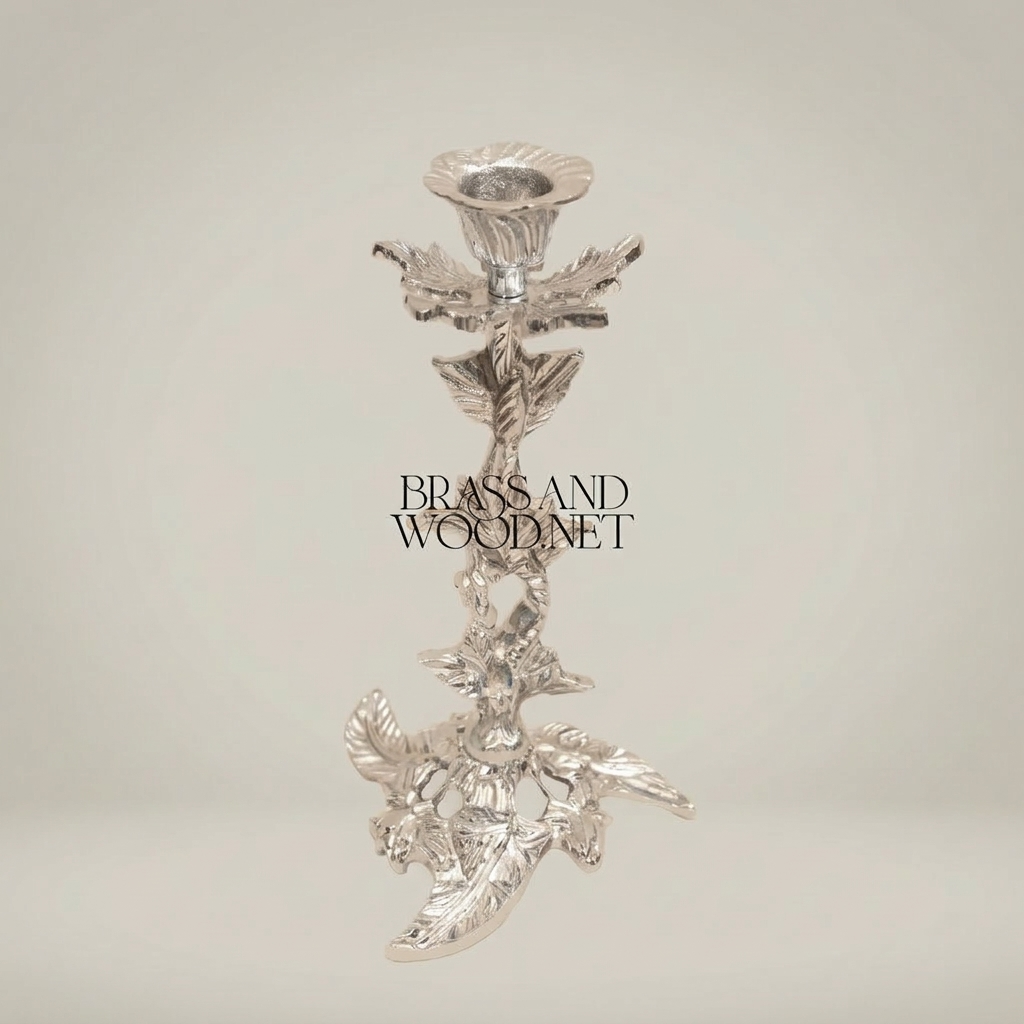 Rococo Brass Candlestick Holder - Botanical Leaf & Flower Single Arm — Silver