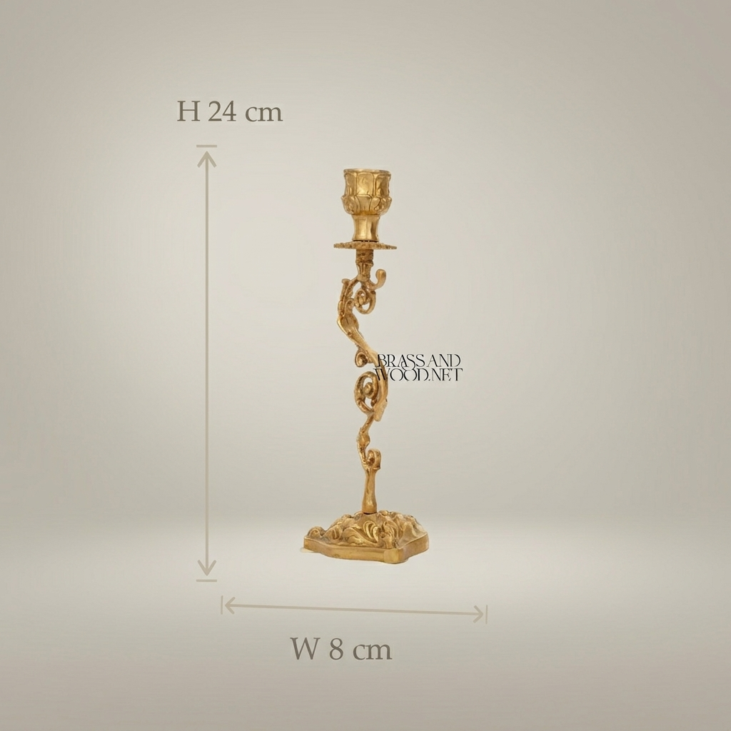 Rococo Brass Candlestick with Serpentine Scrollwork Stem — Antique Gold