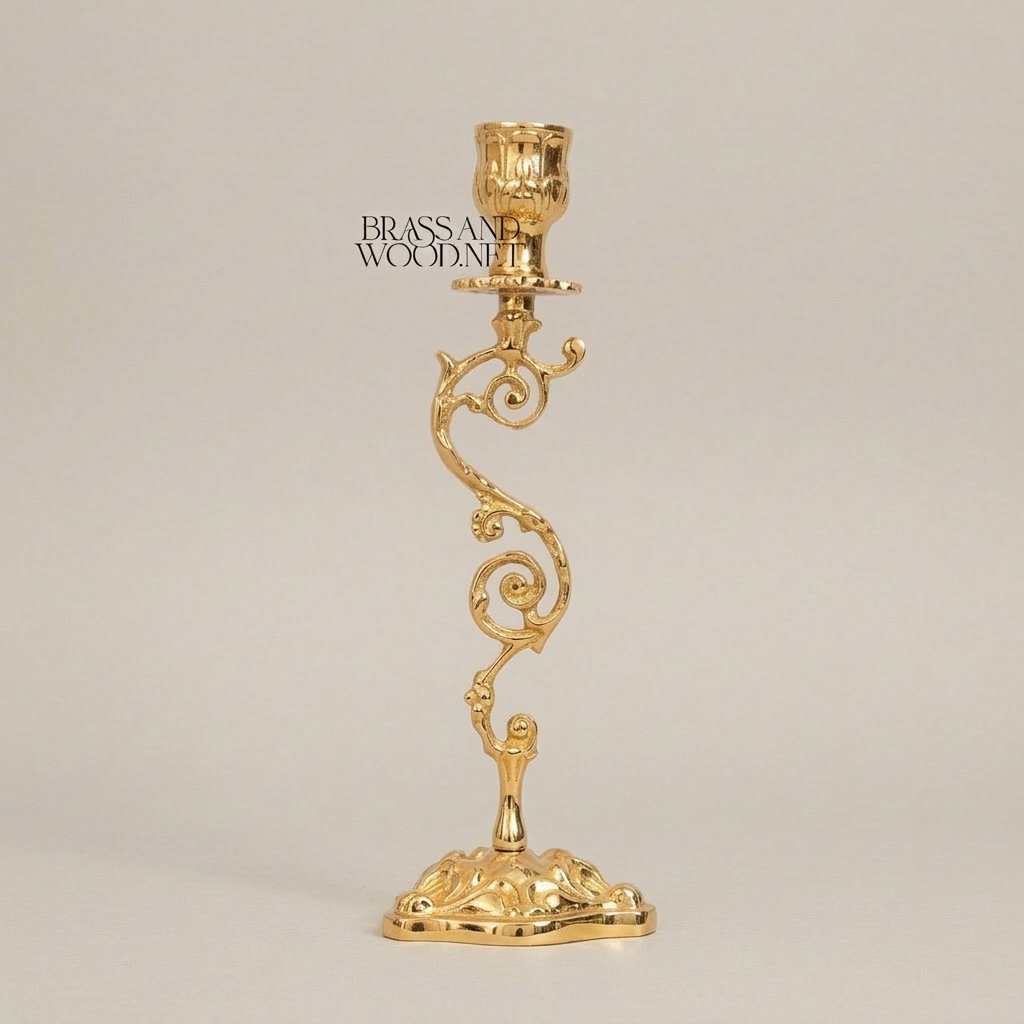 Rococo Brass Candlestick with Serpentine Scrollwork Stem — Gold